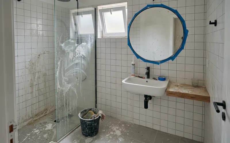 Casa de banho depois de obras com película de cimento no resguardo do duche