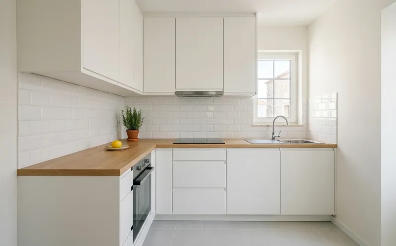 A mesma cozinha limpa, azulejos e bancadas a brilhar