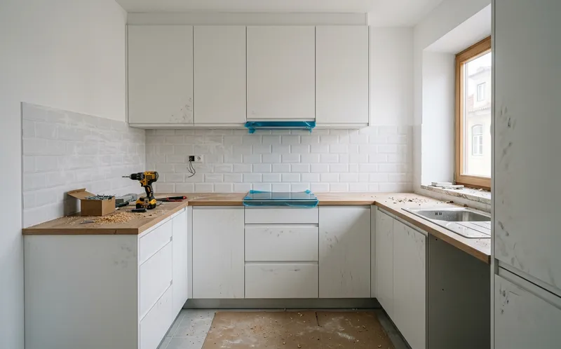 Cozinha depois de remodelação com véu de cimento nos azulejos e serradura na bancada