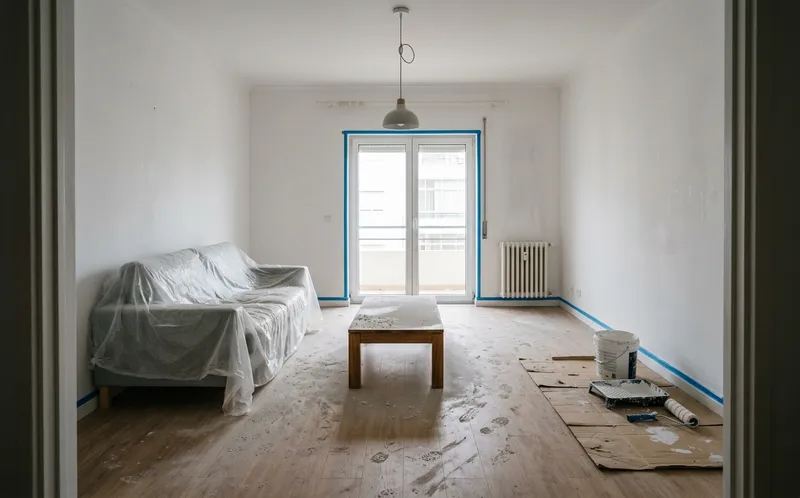 Sala depois de obras, pó de gesso no chão e fita nas janelas