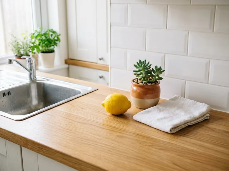 Bancada de cozinha com um limão e uma planta depois da limpeza