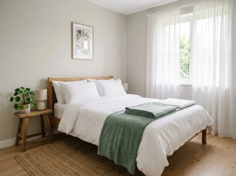 Quarto com lençóis lavados e cortinas claras
