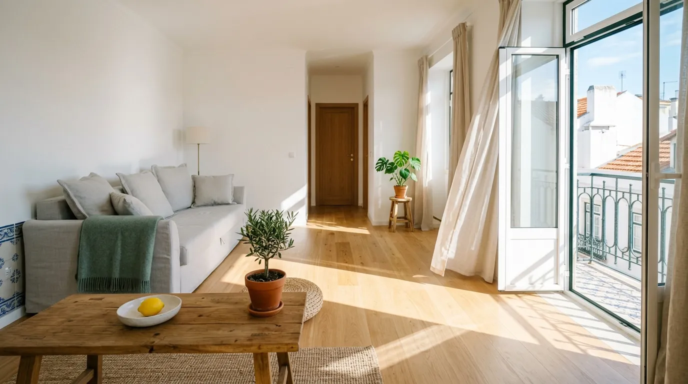 Sala com cortinas de linho e sol, acabada de limpar